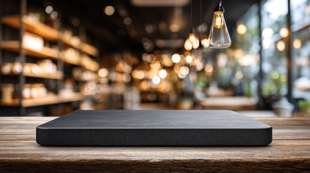 Captivating black wooden surface set against a blurred cafe interior, featuring warm bokeh lights and stylish light fixtures, perfect for design inspiration.の素材
