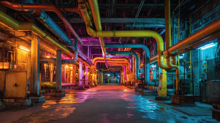 A captivating view of an industrial corridor featuring vibrant neon-lit pipes and machinery in a once-bustling factory. The atmosphere is eerie yet artistic, showcasing vibrant colors against a dark background, perfect for creative projects.の素材