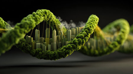 A mesmerizing representation of a city integrated with nature, showcasing a DNA strand composed of greenery and urban structures in a surreal harmony.の素材