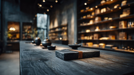 A sophisticated interior scene featuring a beautifully arranged wooden table with decorative pottery and artful lighting, creating a tranquil atmosphere ideal for relaxation.の素材