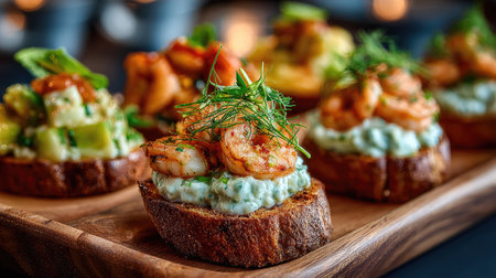 A gourmet shrimp appetizer is beautifully plated on toast, featuring fresh herbs and creamy topping, perfect for parties or upscale dining experiences.の素材