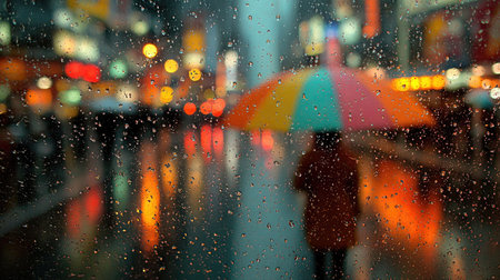 A visually striking scene of a colorful umbrella in the rain, set against blurred city lights. This image captures the essence of urban life during a rainy evening.の素材