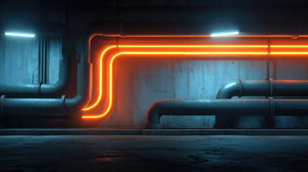This striking image features a vibrant neon orange pipe installation against a dark industrial background, highlighting shadows and geometric curves, creating a modern aesthetic.の素材