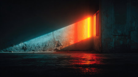 A striking image showcasing vibrant light rays penetrating an abandoned warehouse, casting captivating shadows and highlighting the textures of decay.の素材