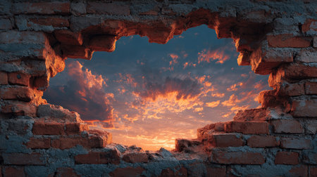 This image showcases a stunning sunset viewed through a broken brick wall, revealing vibrant colors and dramatic clouds, creating an artistic visual impact.の素材