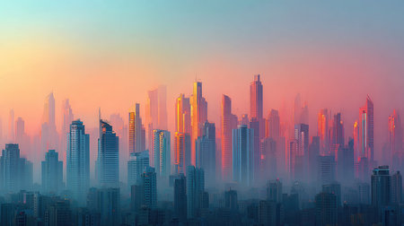 A stunning city skyline emerges at dawn, bathed in soft light and vibrant colors, surrounded by ethereal mist, creating a tranquil urban atmosphere.の素材