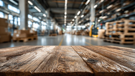 A rustic wooden table surface sets the stage in a spacious warehouse filled with shelves of boxes and pallets, showcasing a vibrant industrial atmosphere.の素材