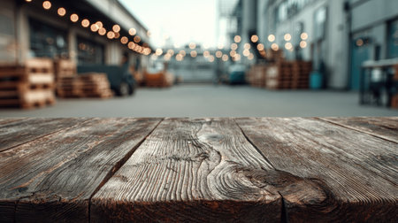 A rustic wooden table surface lends a warm touch to an industrial warehouse setting, featuring blurred backgrounds and charming bokeh string lights.の素材