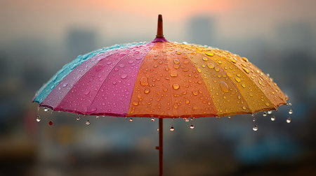 A colorful umbrella adorned with droplets showcases the beauty of rain against a soft urban backdrop during sunset. This image evokes warmth and joy.の素材