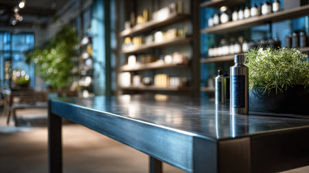 An inviting minimalist store interior showcasing sleek shelving filled with stylish products under soft natural light, complemented by greenery elements.の素材