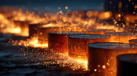 A captivating scene showcasing glowing steel drums surrounded by vibrant sparks, illustrating the dynamic environment of an industrial factory at night.の素材