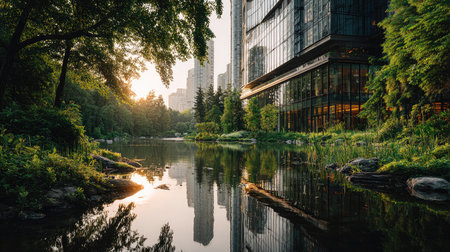 A tranquil urban park scene at sunset showcases serene water reflections surrounded by lush greenery and modern buildings, inviting relaxation and beauty.の素材
