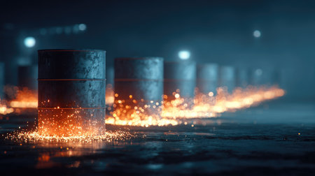 This striking image captures industrial barrels surrounded by vibrant sparks in a dimly lit setting, creating a dramatic and atmospheric scene.の素材