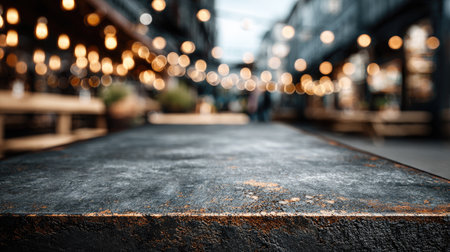 A detailed view of a rustic metal surface with a blurred bokeh background showcasing warm lights in an urban outdoor setting, perfect for creative use.の素材