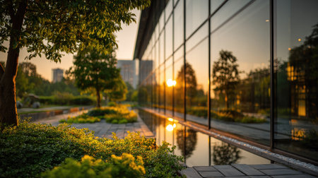 A tranquil urban park scene captures the serenity of a sunset reflected in a modern glass building. Lush greenery and a peaceful ambiance enhance the beauty of nature in a city setting.の素材