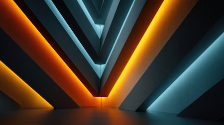 This striking abstract image features geometric shapes illuminated by vibrant orange and blue lights, creating a dynamic visual experience. The interplay of colors and angles evokes a futuristic and modern atmosphere, perfect for creative projects.の素材