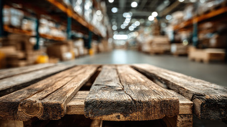 A close-up view of a rustic wooden pallet sets the scene in a busy warehouse. The blurred background highlights a well-organized storage area filled with goods.の素材