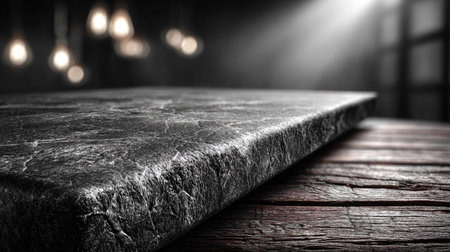 A striking dark stone surface rests on a rustic wooden table, illuminated by gentle light. This captivating backdrop offers a unique blend of textures, perfect for artistic and professional photography projects.の素材