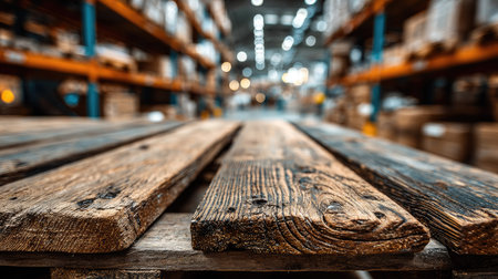 Close-up view of a weathered wooden pallet resting on a warehouse floor, showcasing rustic textures and industrial storage environment filled with boxes.の素材