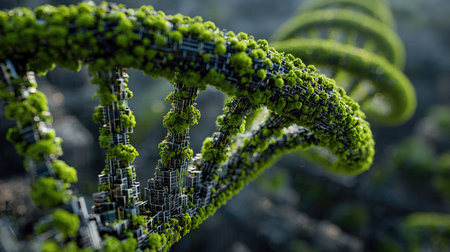 This image features a stunning 3D rendering of a DNA strand intertwined with vibrant greenery, symbolizing the bond between nature and technology in a captivating futuristic setting.の素材