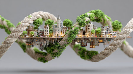 This captivating image depicts a unique urban landscape entwined with natural elements and twisted rope. It symbolizes the balance between urban development and sustainability.の素材