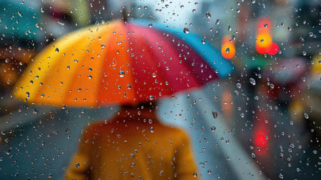 A vibrant scene showcasing a colorful umbrella being held by a person in a rainy city. Raindrops cling to the window, creating a captivating urban mood.の素材