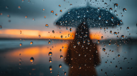 A captivating silhouette of a woman holding an umbrella stands against a rainy beach sunset, creating a perfect blend of tranquility and emotion.の素材