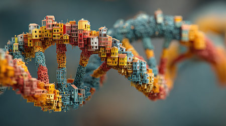 This striking image features a 3D DNA helix intricately designed with colorful miniature houses, symbolizing the interplay between urban life and nature.の素材