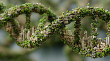 This unique image blends a DNA structure with vibrant greenery and urban buildings, symbolizing the harmony between nature and modern city life in a sustainable future.の素材