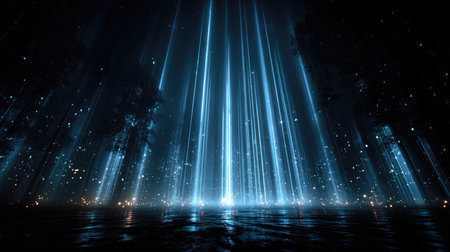 A captivating scene of light beams cutting through a dark forest, reflecting beautifully on tranquil water. This surreal landscape evokes a sense of serenity and mystery.の素材