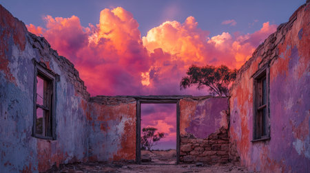 An abandoned structure stands in a vast desert landscape, framed by vibrant clouds and a colorful sunset that creates a serene atmosphere.の素材