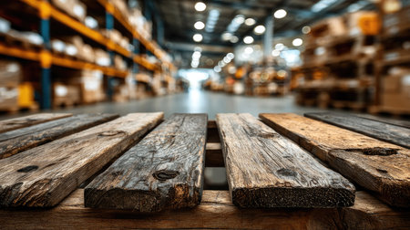 Close-up view of a rustic wooden pallet on the floor of a large warehouse, showcasing a busy environment filled with boxes and shelves, perfect for industrial themes.の素材