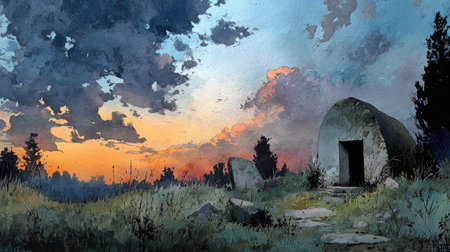 Landscape image capturing a unique stone structure under a breathtaking dusk sky. The serene atmosphere and rich colors inspire a sense of calm and exploration.の素材