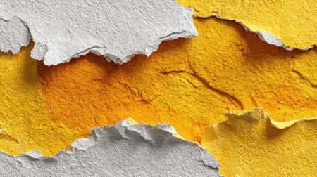 This image features a textured paper background showcasing torn edges in vibrant shades of yellow and grey, perfect for creative design and artistic projects.の素材
