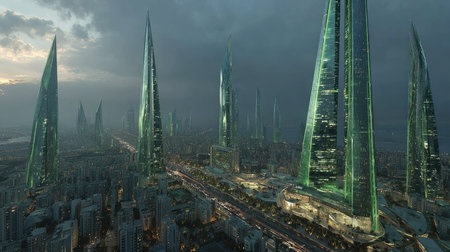 A captivating futuristic cityscape showcasing tall green towers piercing a dramatic cloudy sky at dusk, highlighting urban innovation and architectural beauty.の素材