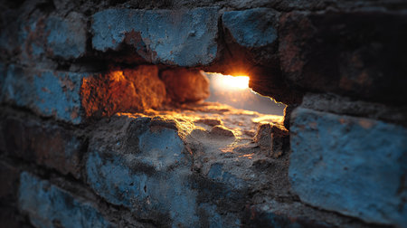 A captivating view of sunlight filtering through a cracked rustic brick wall, illuminating the texture and details while creating a warm and inviting ambiance.の素材