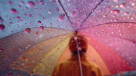 A stunning view of a person under a colorful umbrella during a rainy day, capturing the mesmerizing droplets and vibrant colors, creating a serene atmosphere.の素材