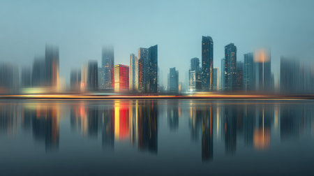 A stunning urban skyline at dusk featuring modern skyscrapers reflected in calm waters, creating an atmospheric and serene cityscape.の素材