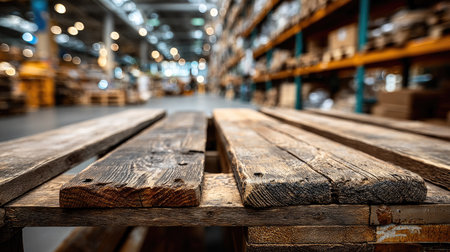 A close-up view of a rustic wooden pallet resting on an industrial warehouse floor, showcasing its texture and worn features, with blurred storage shelves creating a warm, inviting atmosphere.の素材