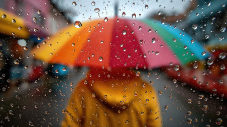 A vibrant scene capturing a colorful umbrella on a rainy city street, with raindrops visible on the glass, evoking a moody, atmospheric feeling.の素材