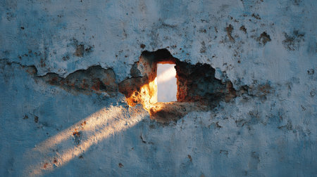 A captivating image of sunlight filtering through a small opening in a weathered wall, showcasing beautiful textures and colors, ideal for artistic and design projects.の素材