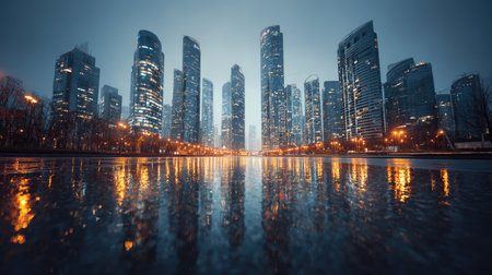 This striking urban cityscape captures a modern skyline at dusk, showcasing impressive skyscrapers reflecting warm lights on wet pavement.の素材
