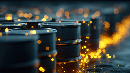 A captivating image of industrial metal drums lined up with glowing sparks in a blurred background, creating a moody atmosphere perfect for creative projects.の素材