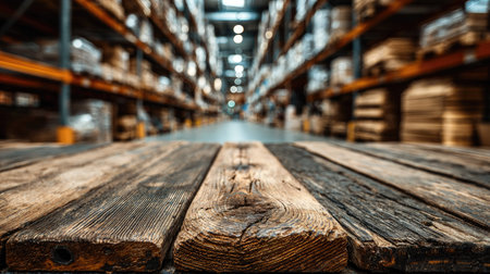 A captivating view of rustic wooden planks in a warehouse setting, showcasing blurred shelves filled with goods in the background, representing storage and logistics.の素材
