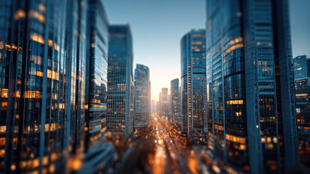 An impressive urban skyline at dusk, showcasing towering skyscrapers with vibrant lights and busy streets, capturing the essence of modern city life.の素材