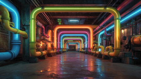 This striking image showcases a vibrant corridor filled with neon pipes, illuminating an industrial warehouse. The combination of colors creates a mesmerizing visual experience, inviting exploration and creativity.の素材