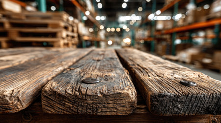 This close-up image showcases weathered wooden planks on a warehouse table, highlighting rustic textures and a blurred storage environment in the background.の素材