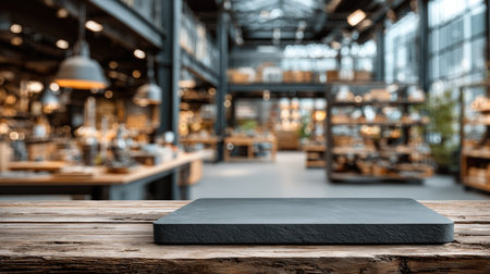 A rustic wooden table with a dark slate surface sits in a contemporary store interior, surrounded by soft lighting and shelves filled with various products.の素材