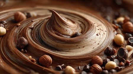 Experience the allure of a rich chocolate swirl enhanced with nuts and chocolate chips set against an abstract background, perfect for dessert enthusiasts.の素材
