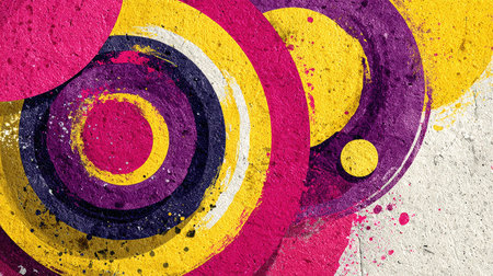 This striking abstract image features vibrant circles and splashes of color against a textured background, suitable for various artistic and design projects.の素材